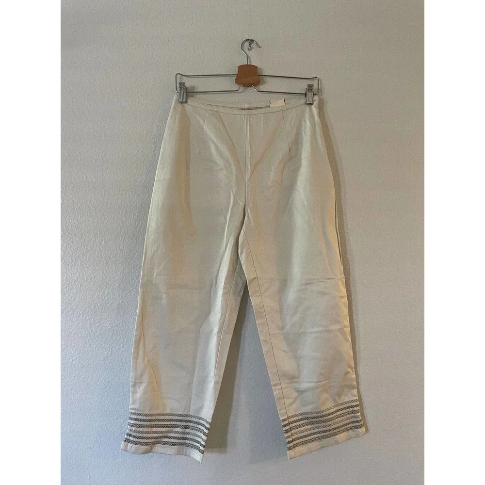 St John's Bay Size 10 Women Embroidered Capri Pants High Rise Side Zip Beige NWT